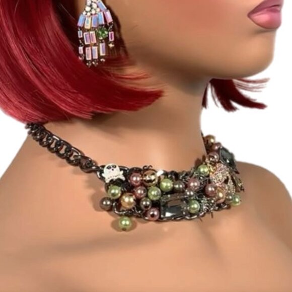 Betsey Johnson Halloween Statement Bib Necklace Skull Spider Cat Ghost Glow Bead - Picture 7 of 16